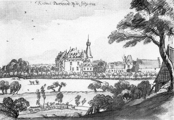 Doorwerth Tekening van kasteel Doorwerth uit 1744 Bron Wikipedia