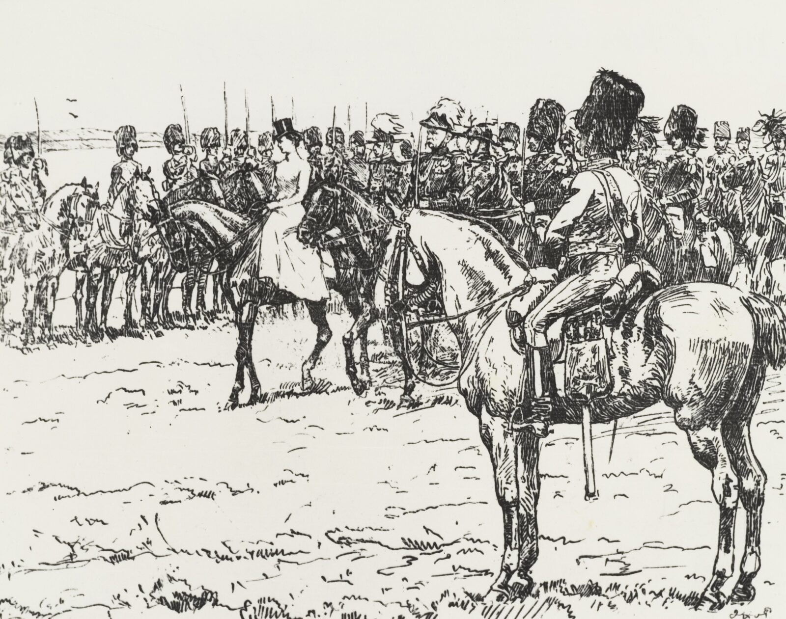 Renkumse heide Koningin Wilhelmina inspecteert Korps Rijdende Artillerie tekening Jan Hoynck van Papendrecht 1898 09 21 Fotoafdruk Kon Landmacht