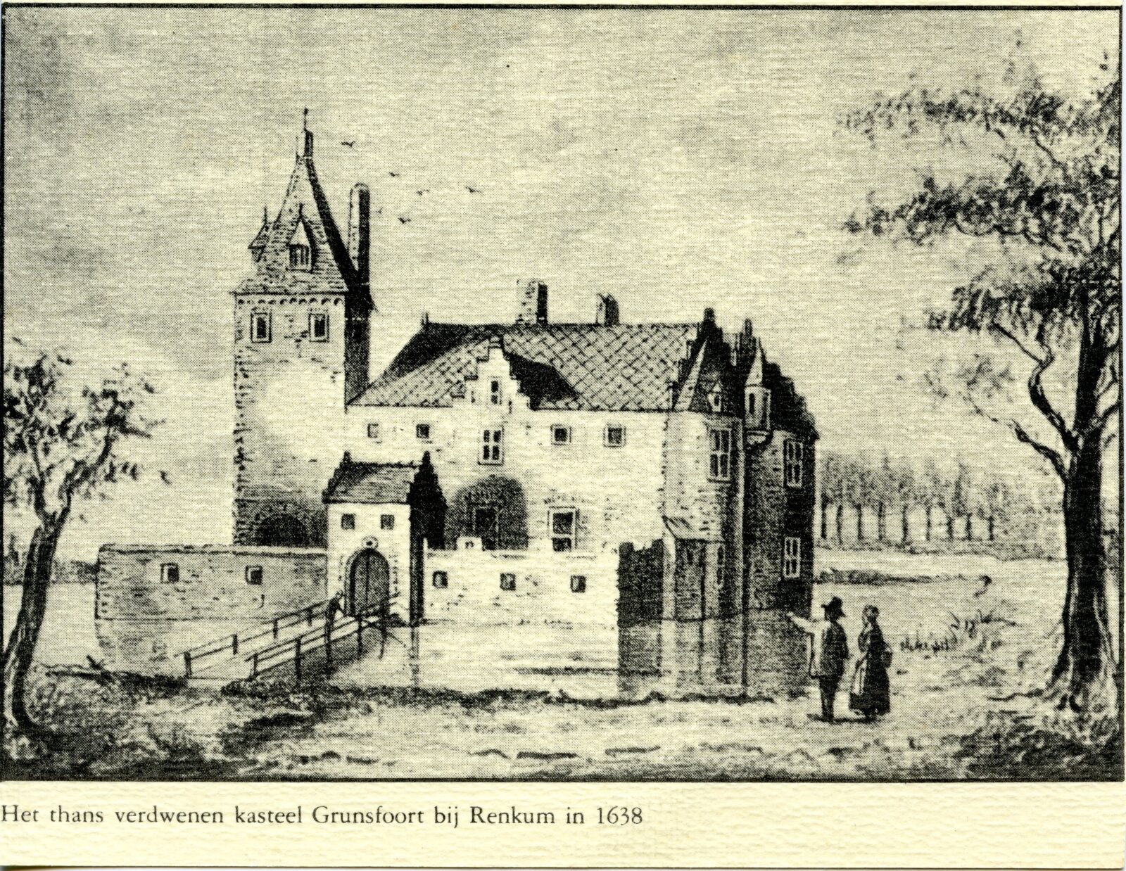 Het slot Grunsfoort 2 Renkum Beekdal Kasteel Grunsfoort met 2 personen tekening 1638 Coll HGR