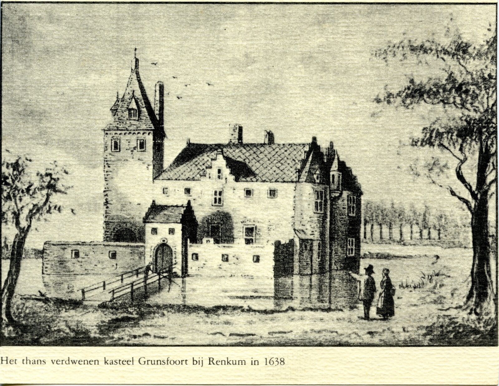 Renkum Beekdal Kasteel Grunsfoort met 2 personen tekening 1638 Coll HGR