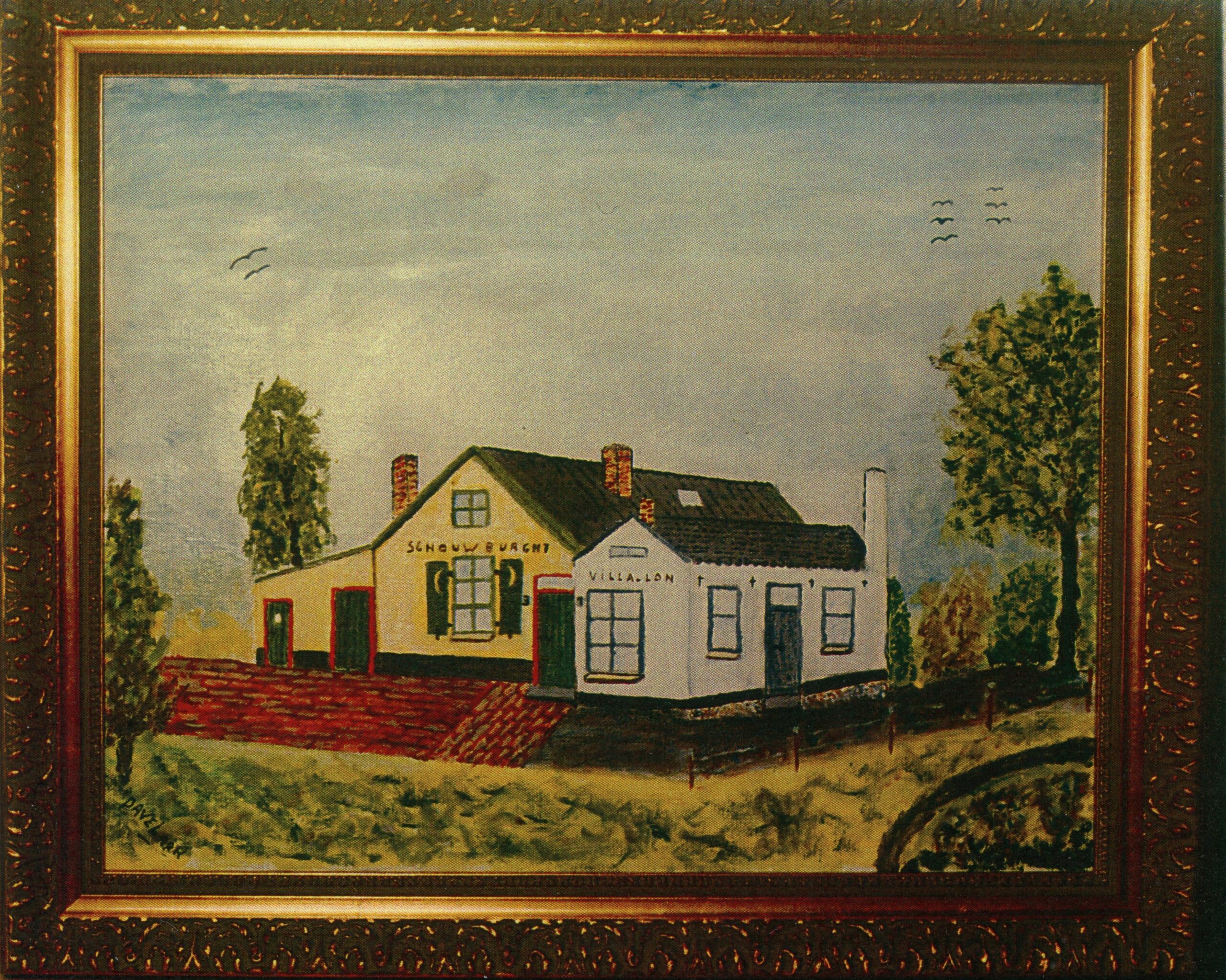 Renkum Achterdorpsstraat 3 Schouwburcht en villa LON geschilderd naar tekening GvdS situatie 1944 Collectie Gerard vd Schouw JZn
